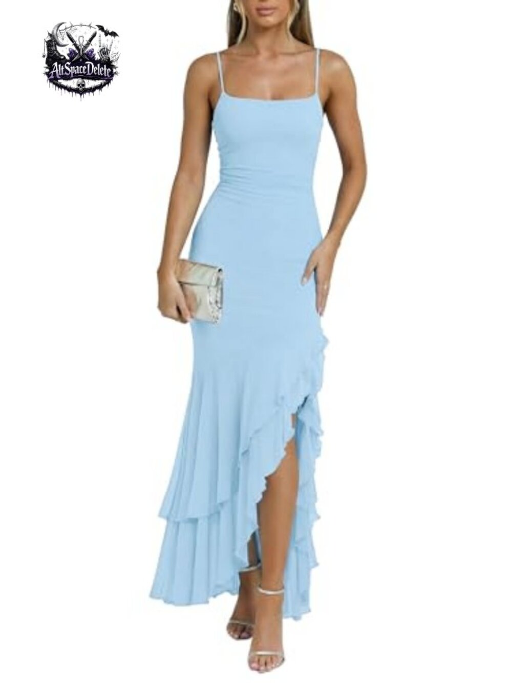 Mesh Ruffle Maxi Dress Formal Wedding Guest Backless Spaghetti Strap